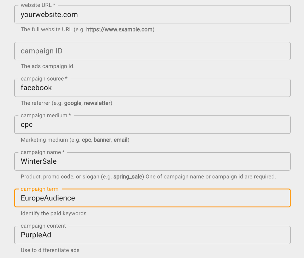 Google Analytics Campaign Builder   Defined Parameters Based on Ad Set and Campaign Example